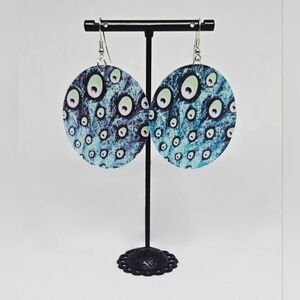 Peacock Feather Print Earrings – Large Round Lightweight Boho Dangle Jewelry